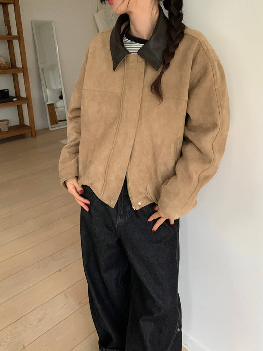 撞色皮領麂皮外套