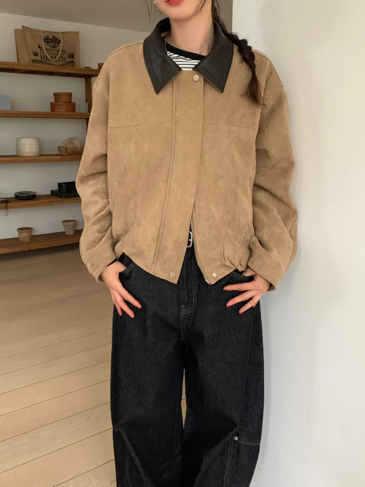 撞色皮領麂皮外套