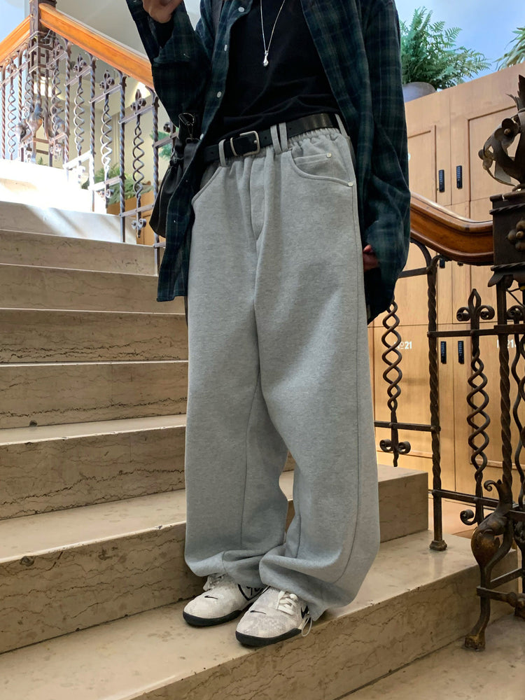 Unisex皮帶扣細節廓形棉褲