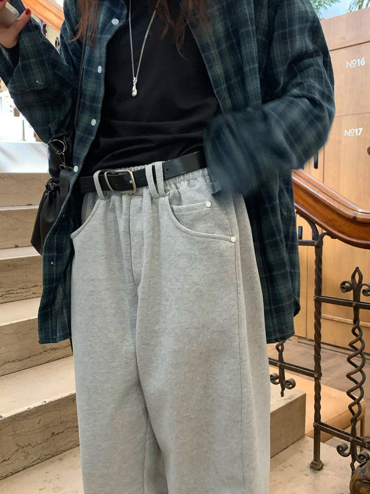 Unisex皮帶扣細節廓形棉褲