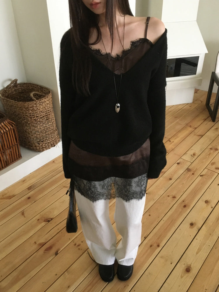 (現)美色蕾絲邊光澤感連身裙