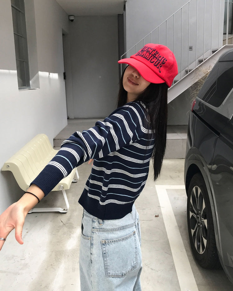 美色條紋排鈕針織外套