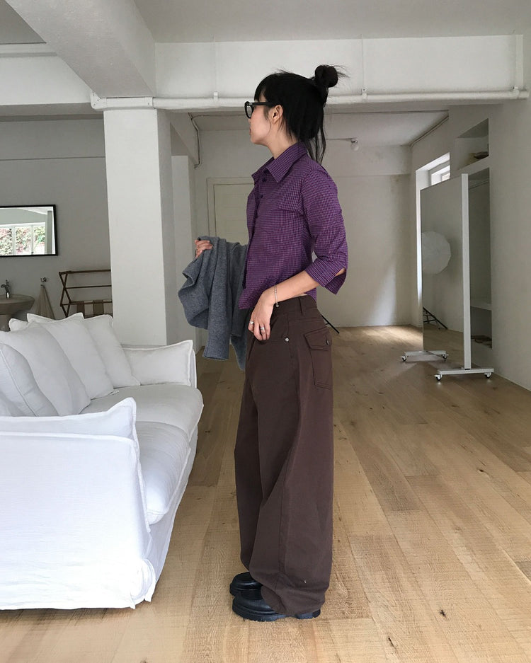 復古亮色格紋細節修腰襯衫