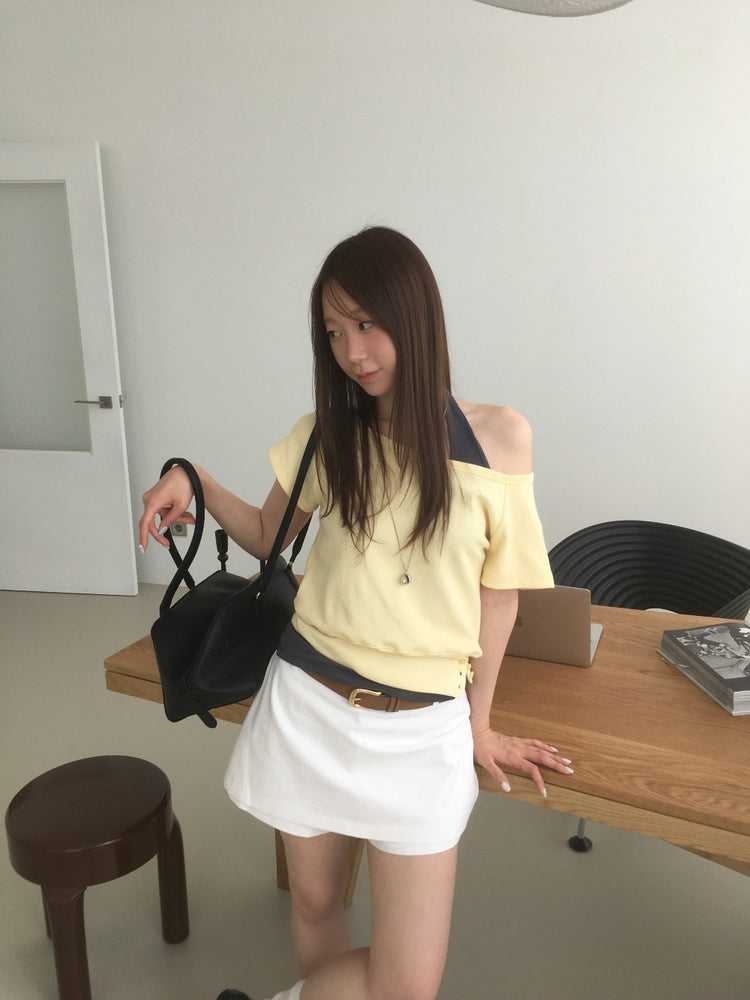 S/S 美肩撞色掛脖兩件式上衣