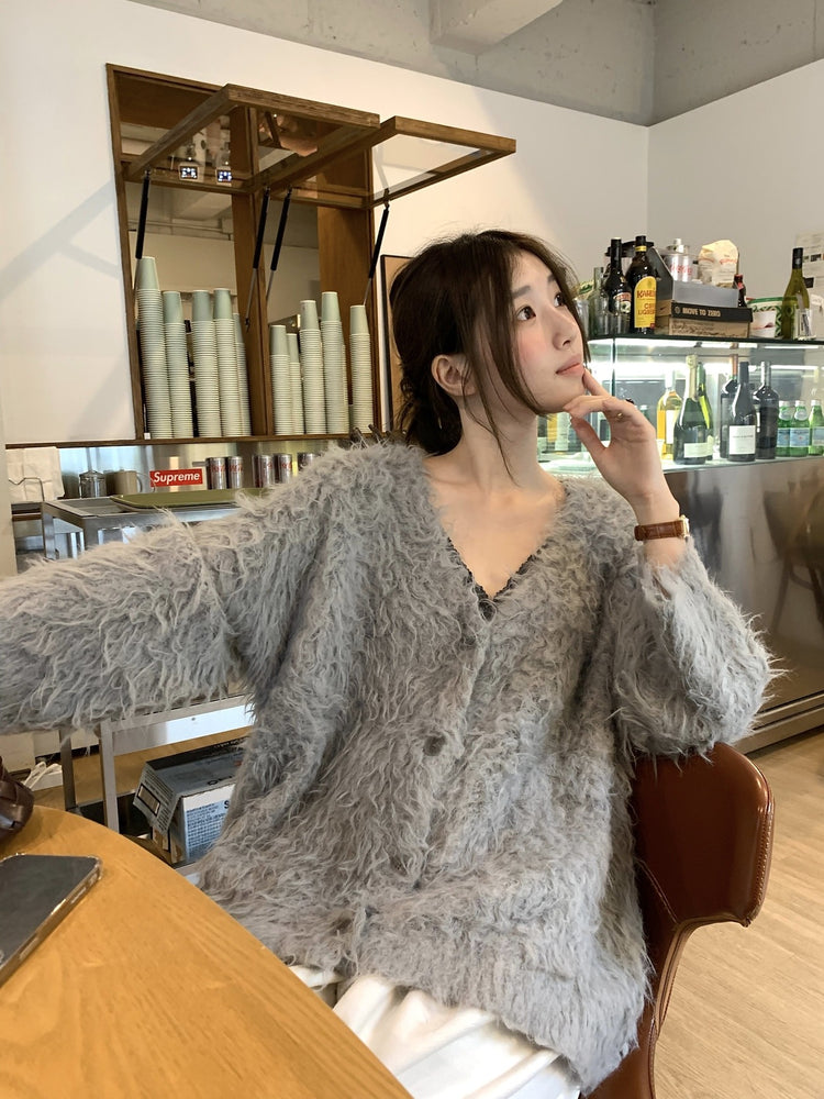 毛感細節排鈕寬鬆針織外套