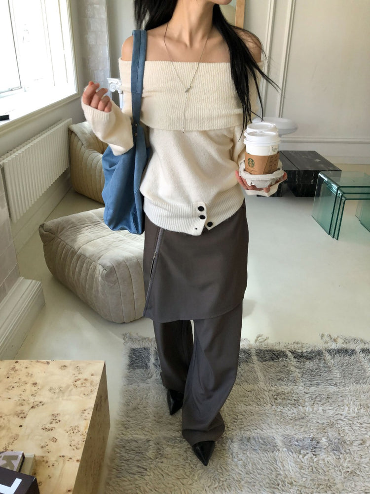 美肩下擺扣鈕細節針織上衣