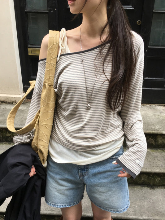 撞色條紋美肩寬鬆上衣