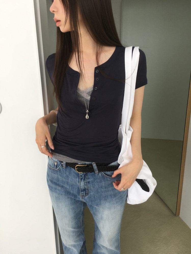 透膚亨利領修身上衣