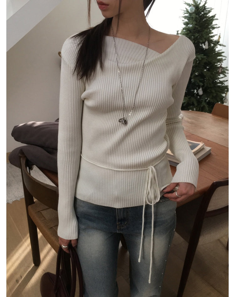 垂領綁帶修腰針織上衣