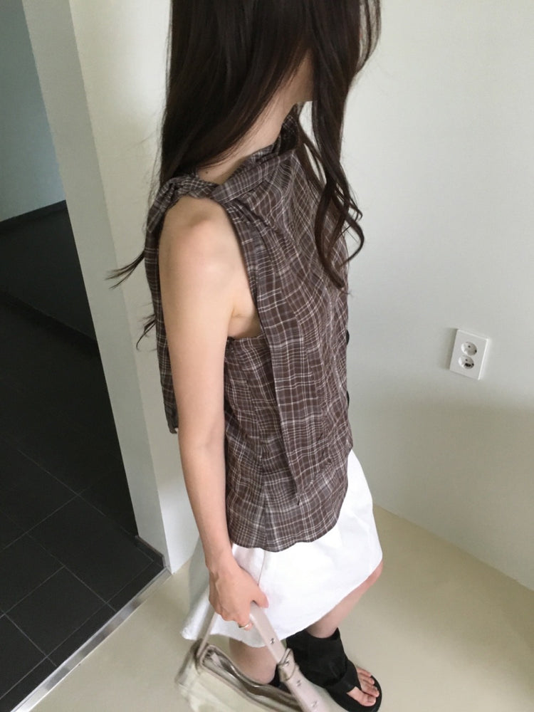 格紋側綁帶細節上衣