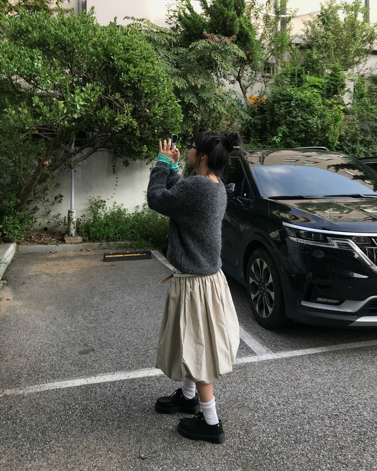 寬腰頭泡泡中裙