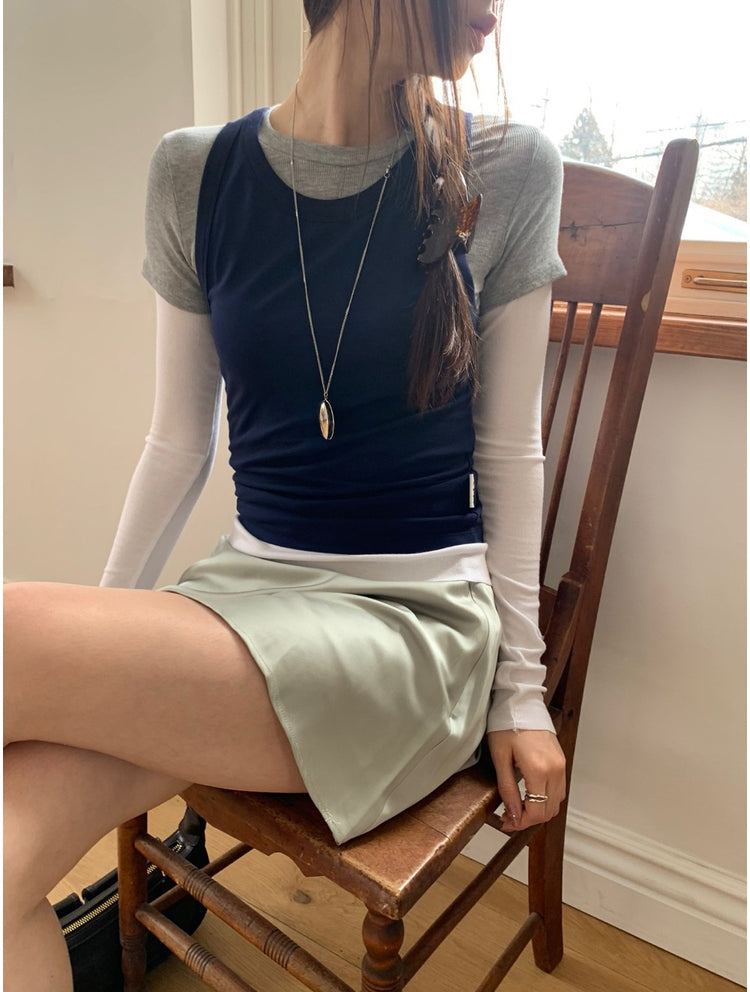 撞色層次感假兩件上衣