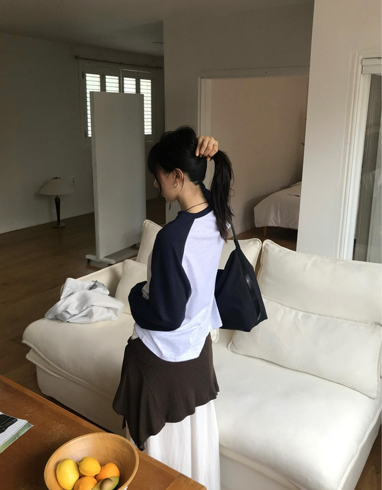 撞色牛角袖上衣