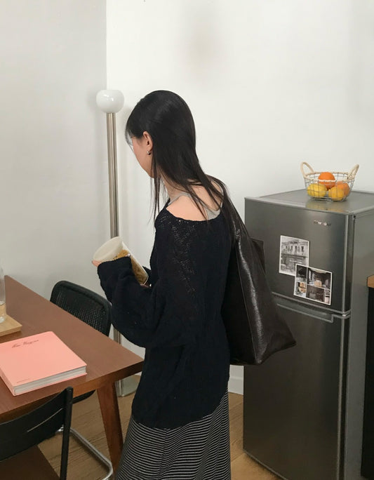 美肩微透紋理針織上衣