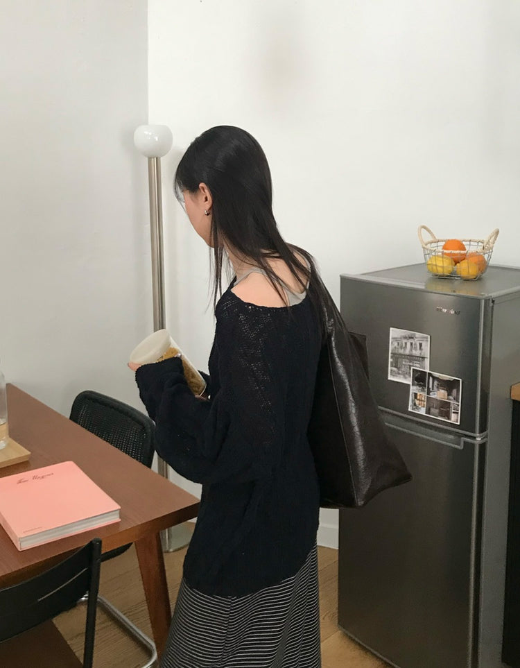 美肩微透紋理針織上衣
