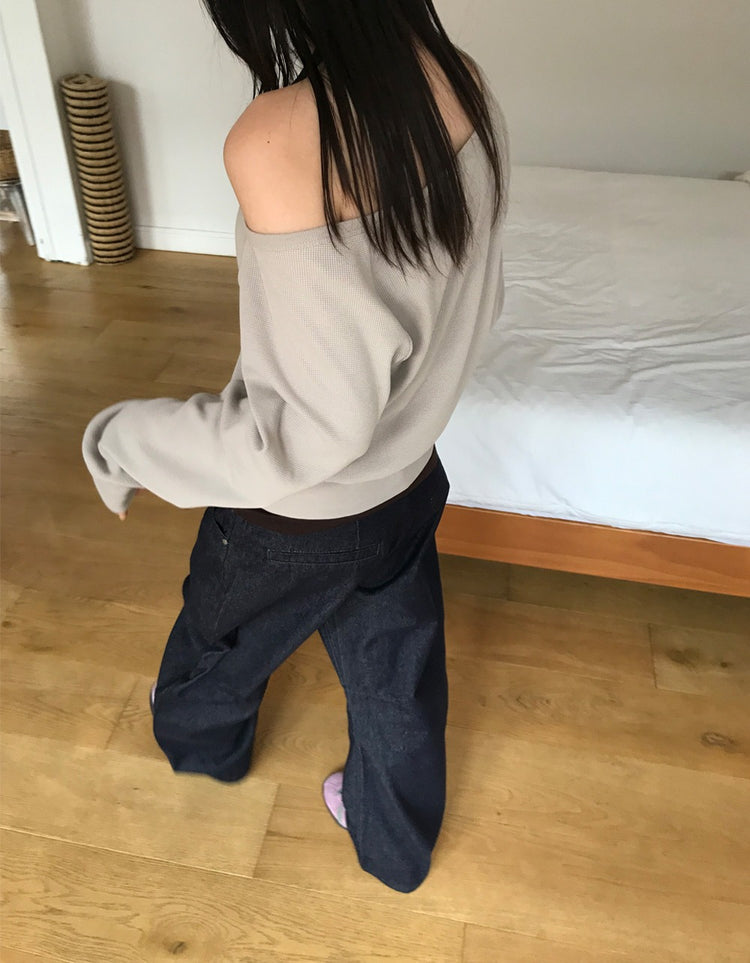 原色內壓褶細節彎刀牛仔褲