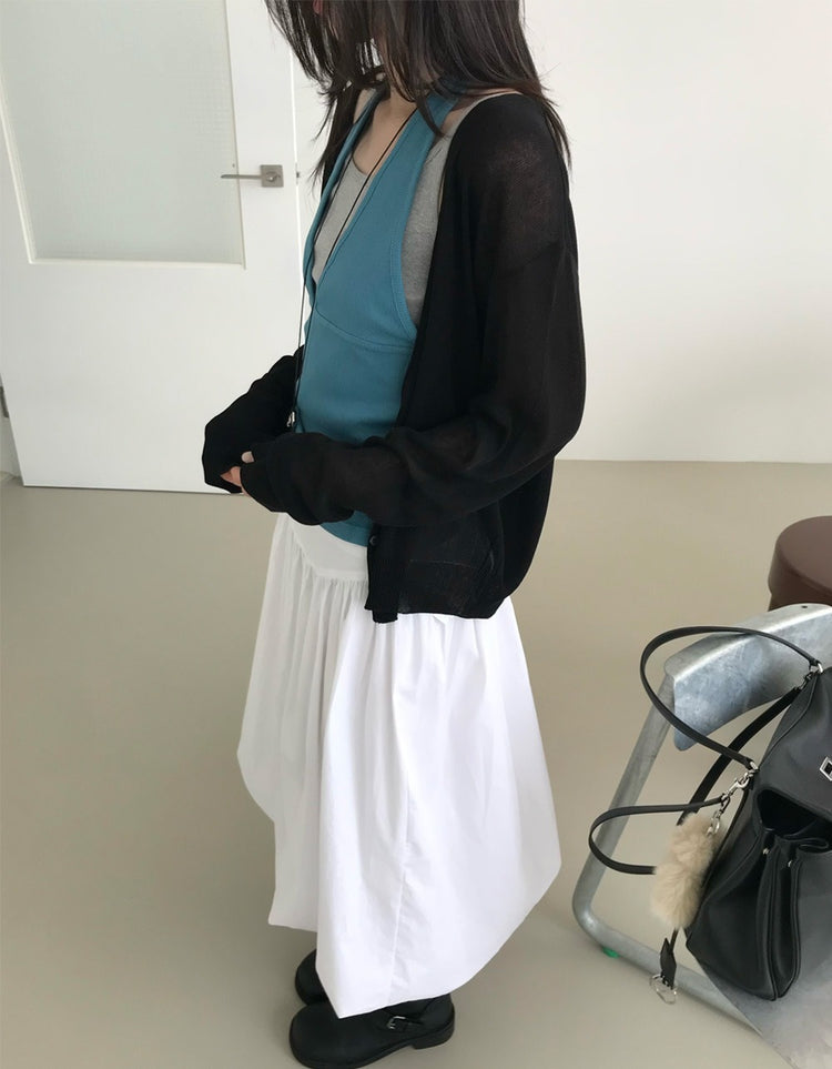 美色微透深V排鈕針織外套