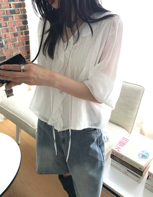 荷葉邊垂帶細節上衣
