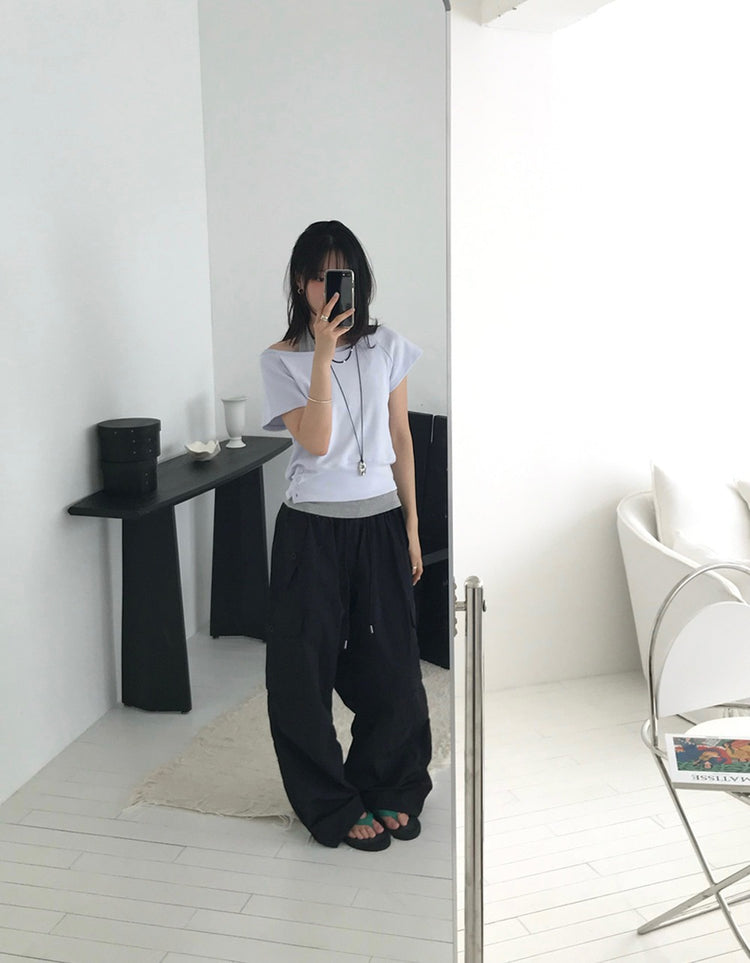 S/S 美肩撞色掛脖兩件式上衣