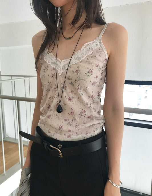 碎花蕾絲邊細節背心
