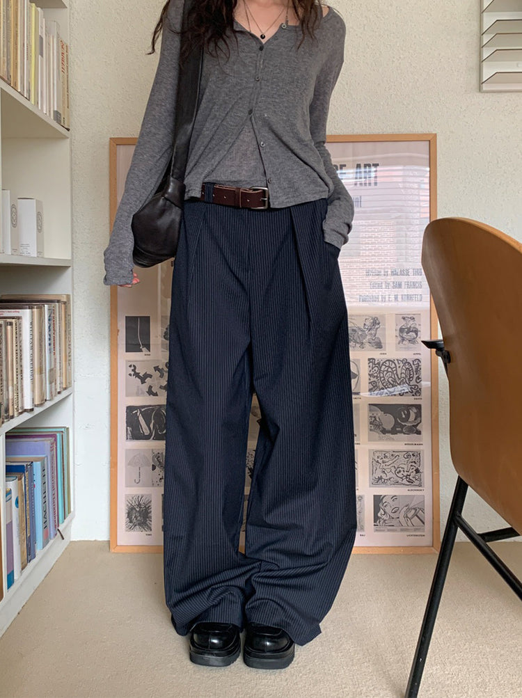 條紋內壓褶細節直褲