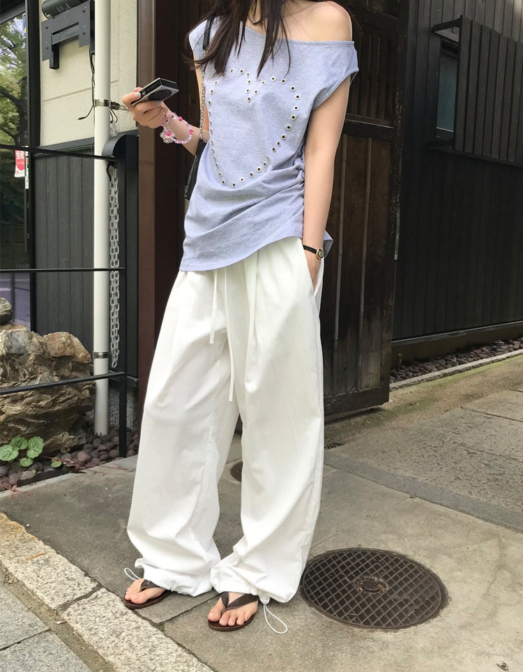 輕薄細腰頭抽身直褲