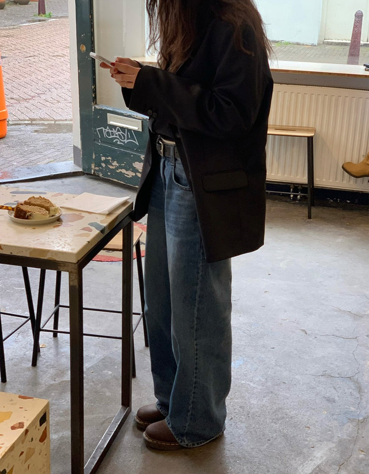 復古美刷色微鬆直筒牛仔褲