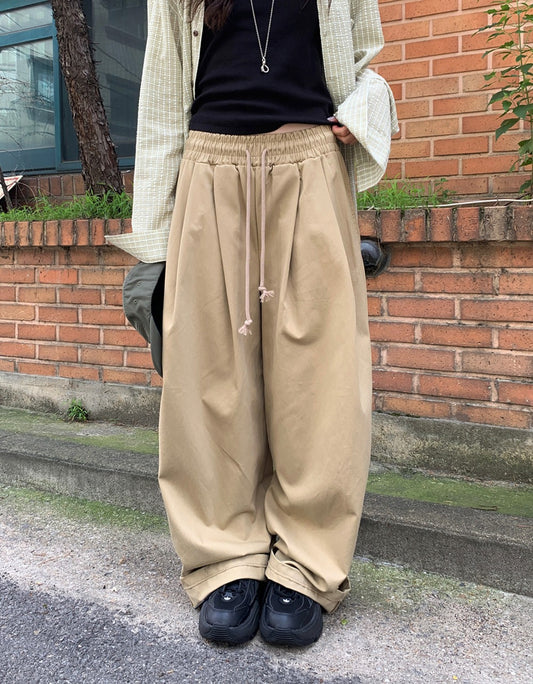 壓褶粗腰頭抽繩闊褲