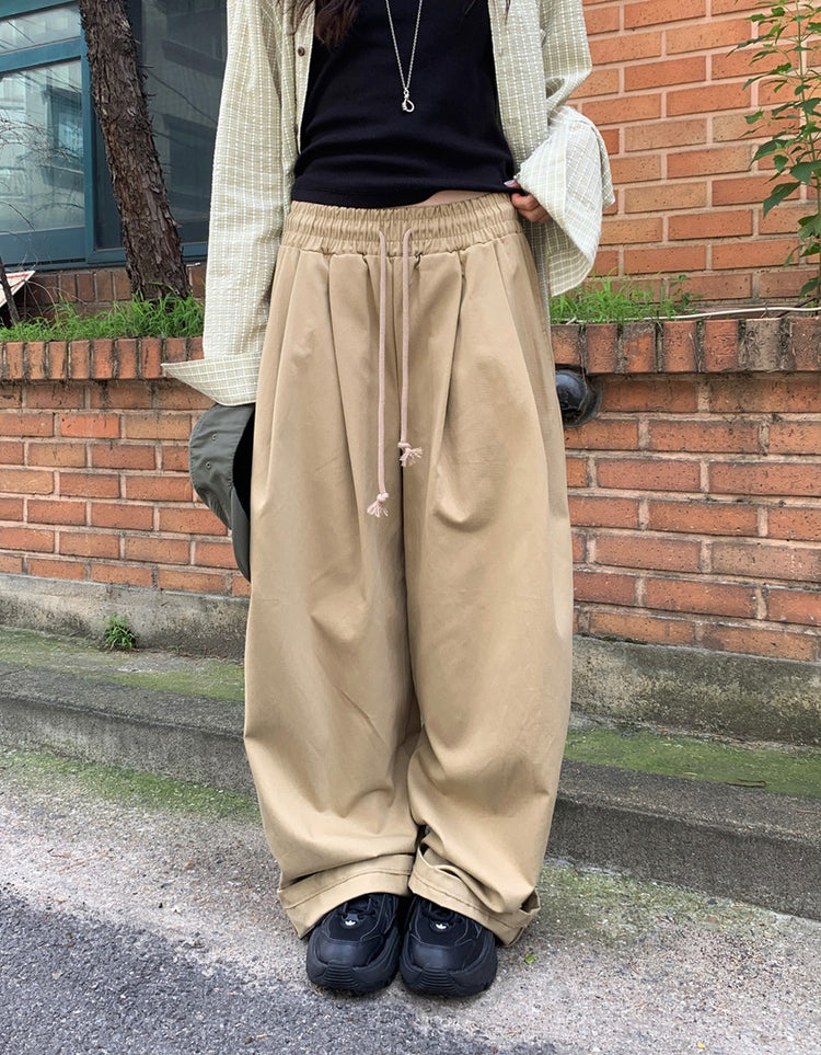 壓褶粗腰頭抽繩闊褲