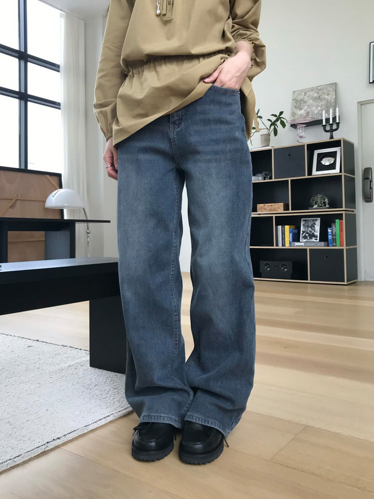 隱形橡筋腰頭直腿內刷毛牛仔褲