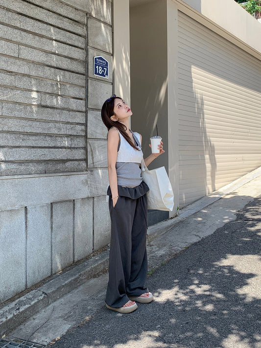 雙層蓬感腰細節直褲