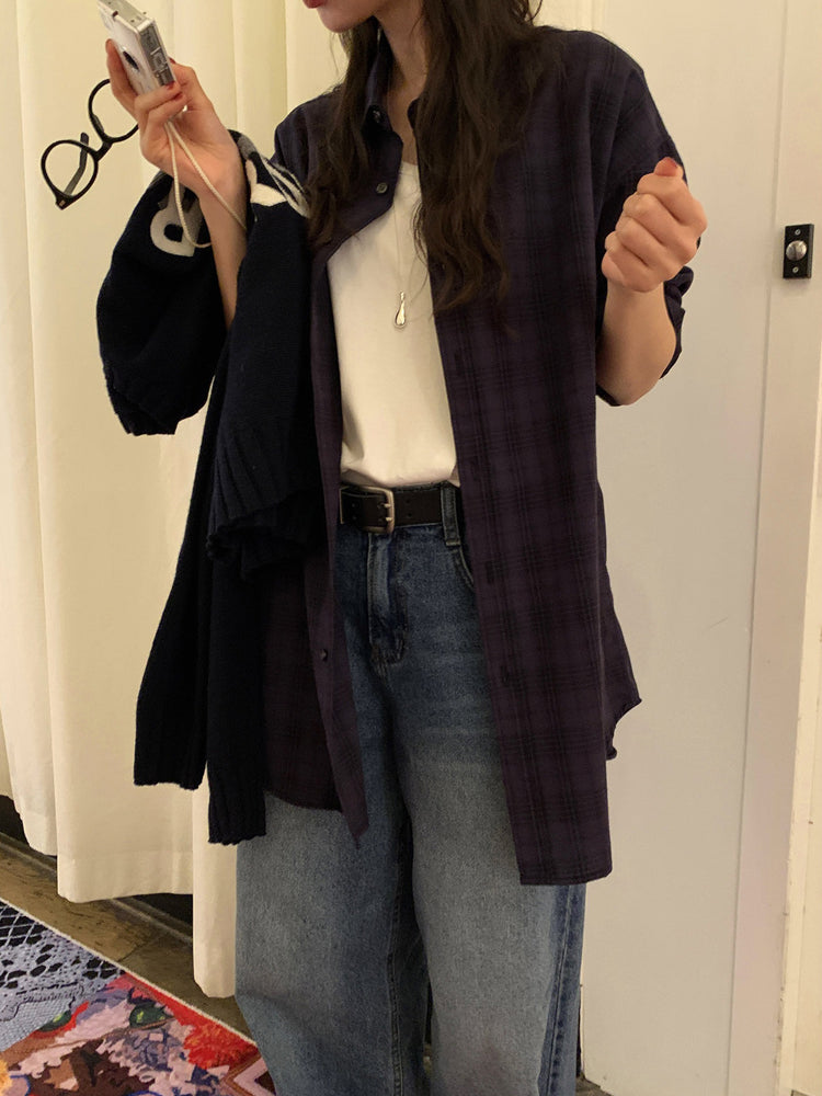 格紋同色系寬鬆襯衫