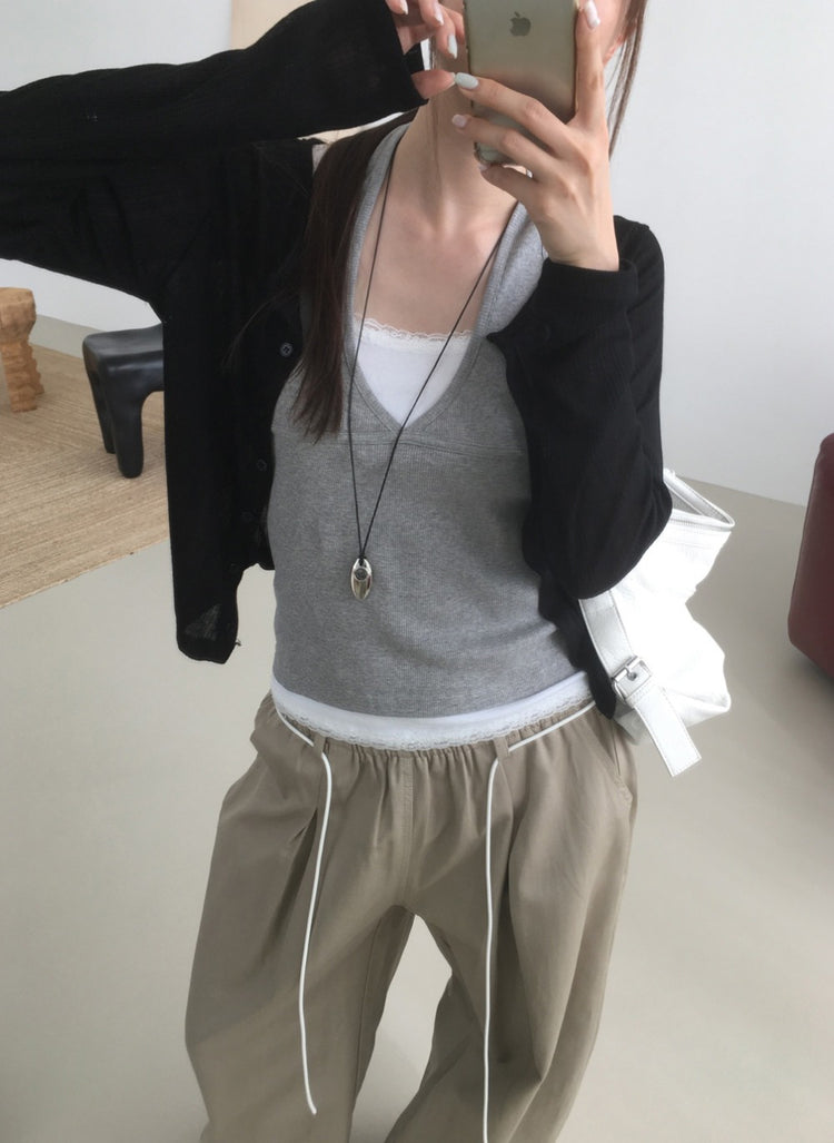 蕾絲褲邊細節垂帶闊褲
