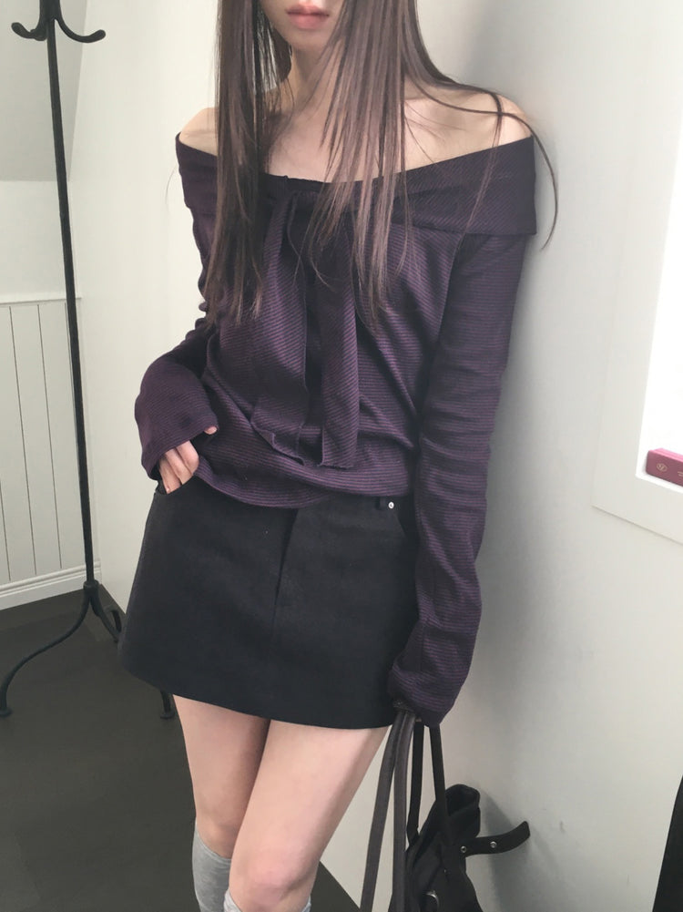 美肩垂帶領結條紋上衣