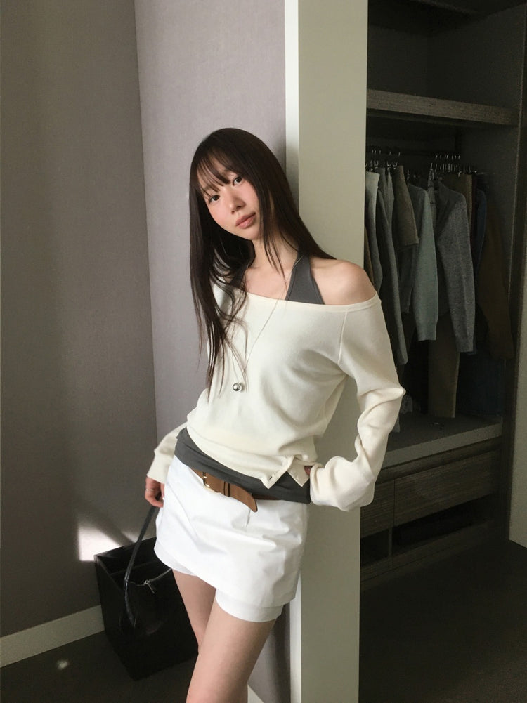 美肩撞色掛脖兩件式上衣