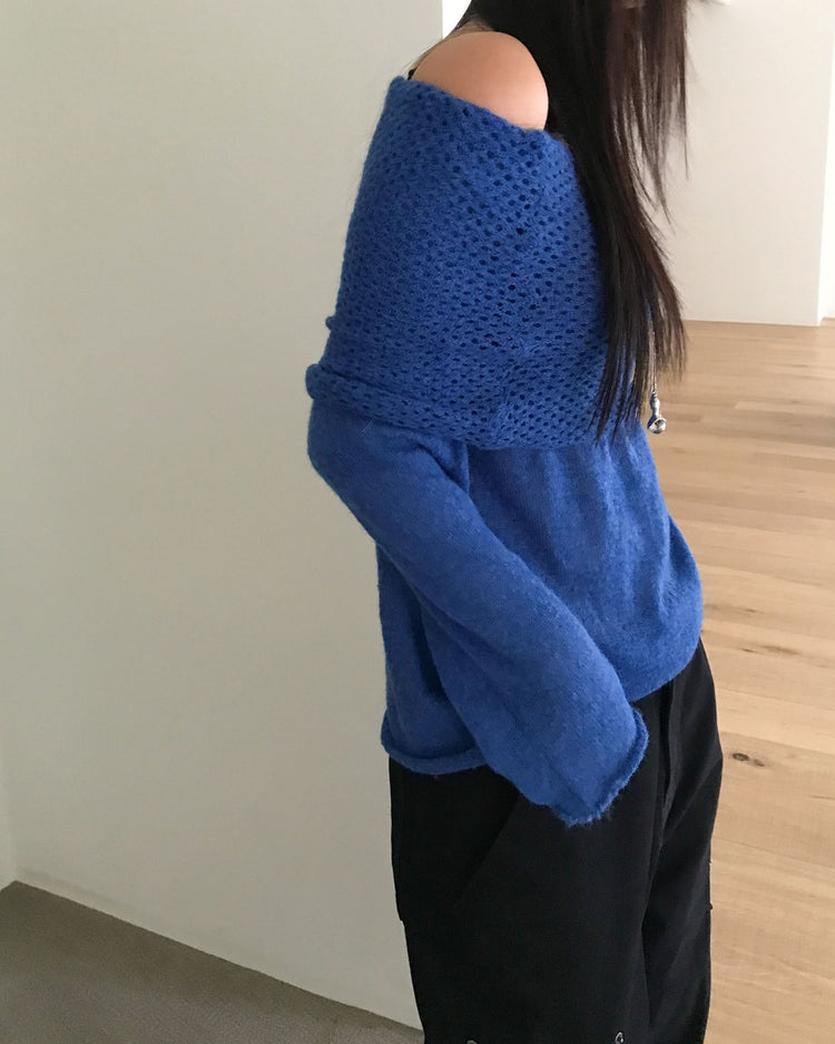 美肩微透紋理細節針織上衣