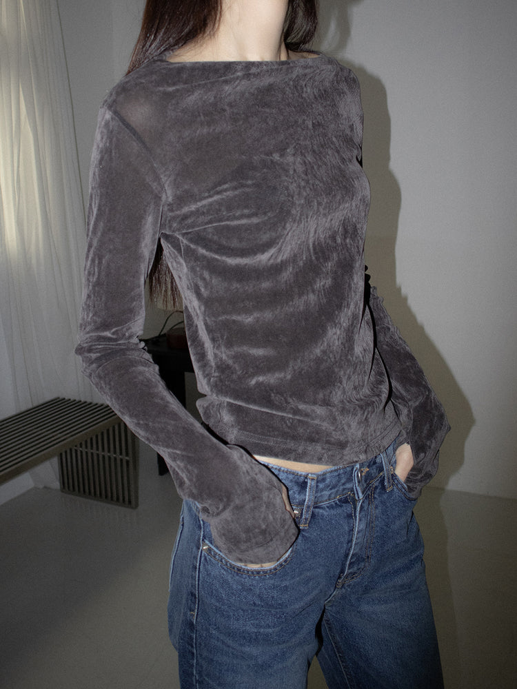 微透美肩絲絨質感上衣
