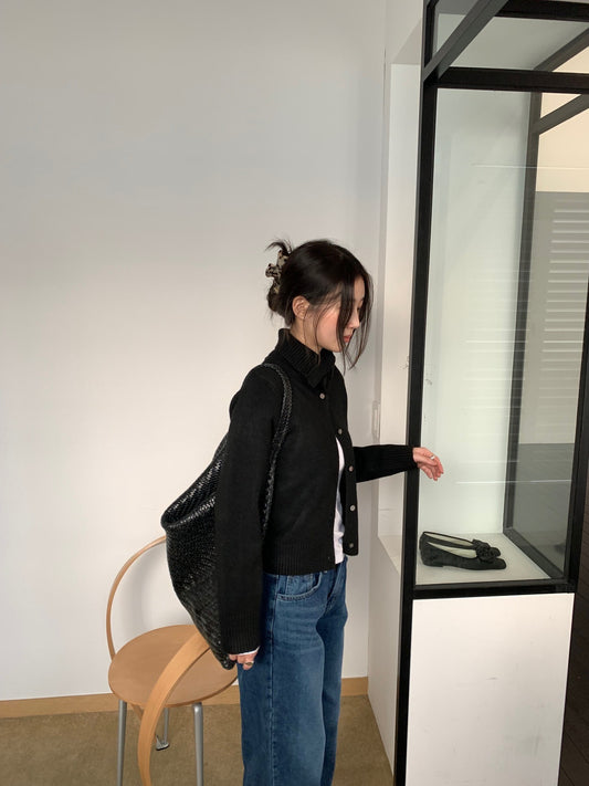 可立領排鈕修腰針織外套