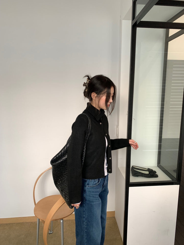 可立領排鈕修腰針織外套