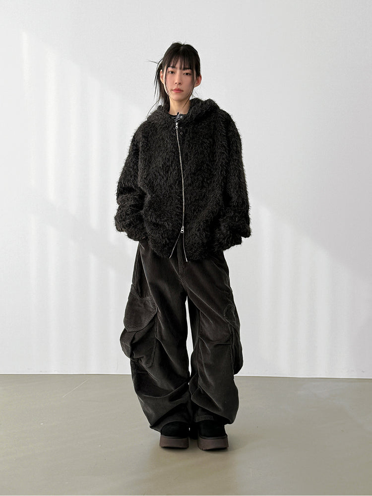 毛絨雙拉鏈鐵環細節連帽外套