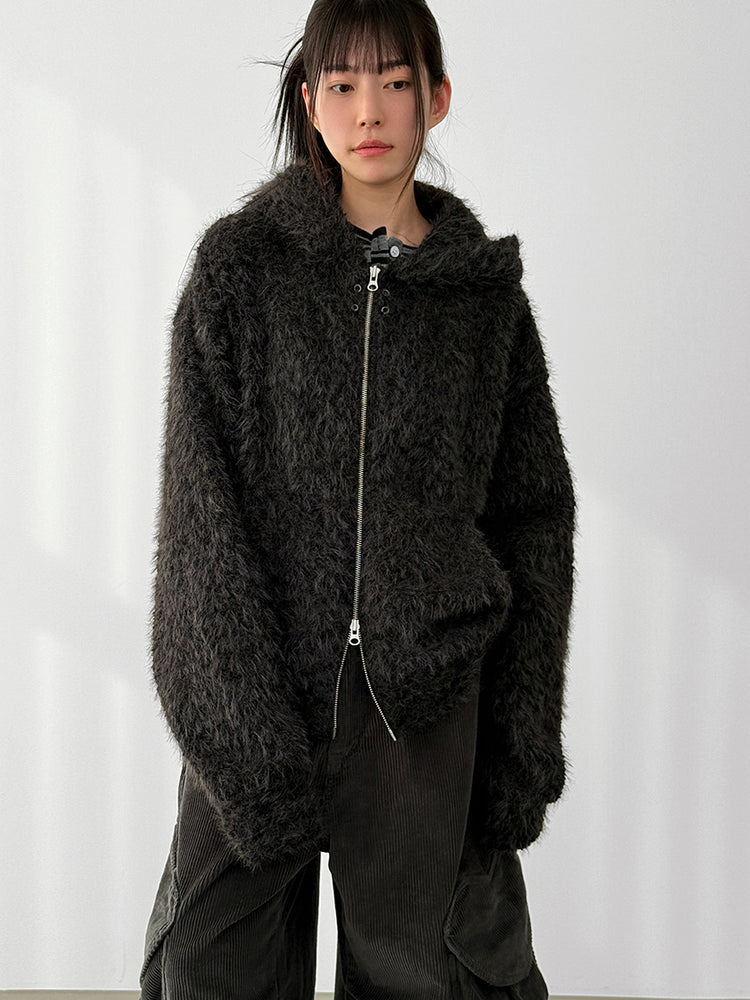 毛絨雙拉鏈鐵環細節連帽外套