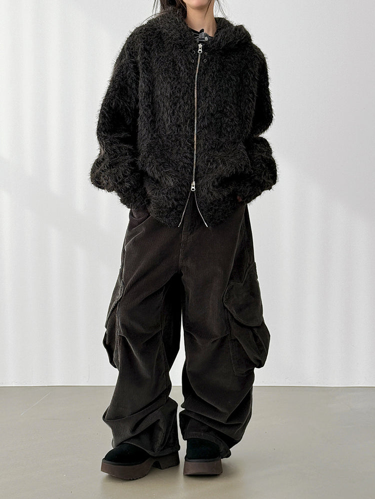 毛絨雙拉鏈鐵環細節連帽外套