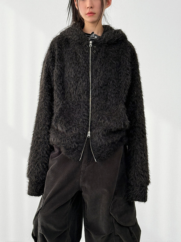 毛絨雙拉鏈鐵環細節連帽外套