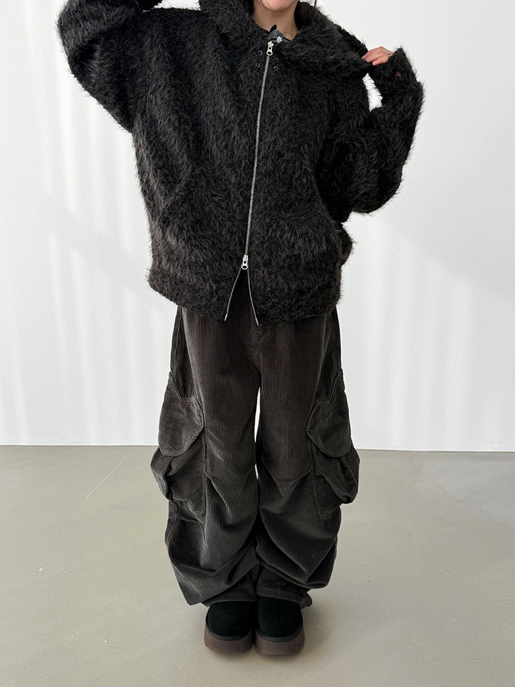 毛絨雙拉鏈鐵環細節連帽外套