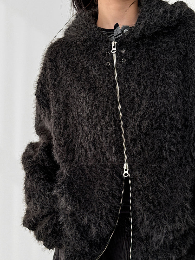 毛絨雙拉鏈鐵環細節連帽外套