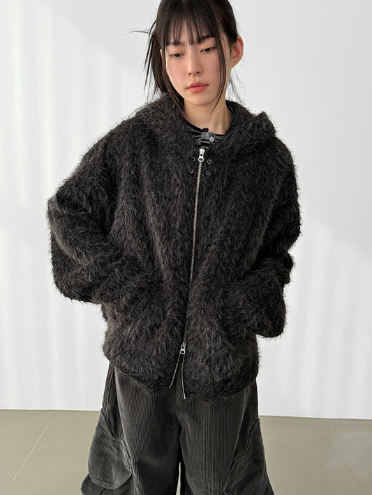 毛絨雙拉鏈鐵環細節連帽外套