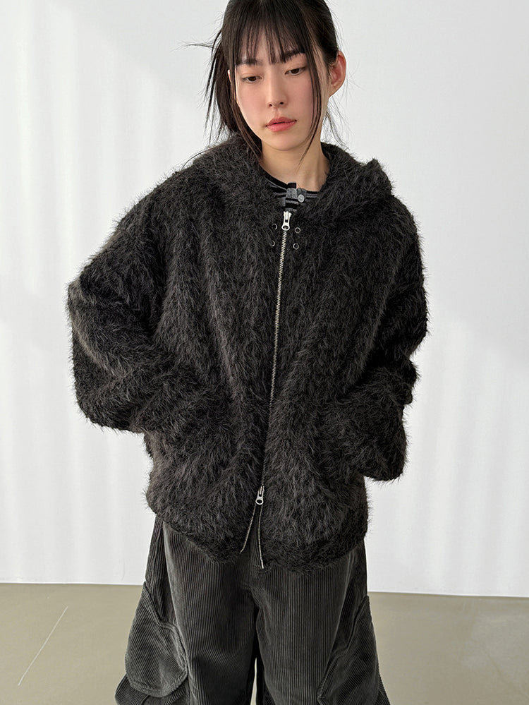 毛絨雙拉鏈鐵環細節連帽外套