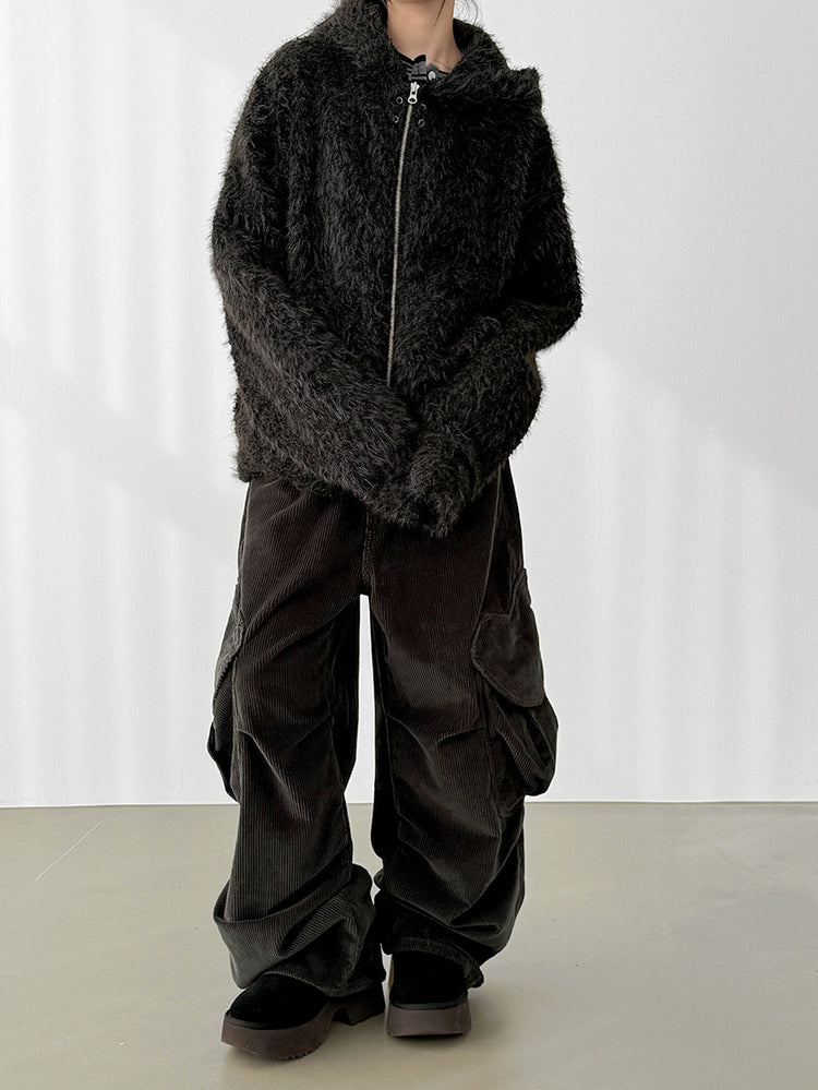 毛絨雙拉鏈鐵環細節連帽外套