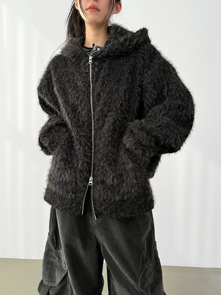 毛絨雙拉鏈鐵環細節連帽外套