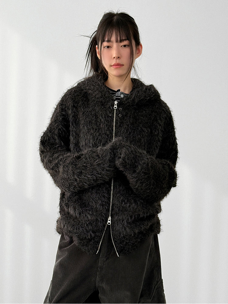 毛絨雙拉鏈鐵環細節連帽外套